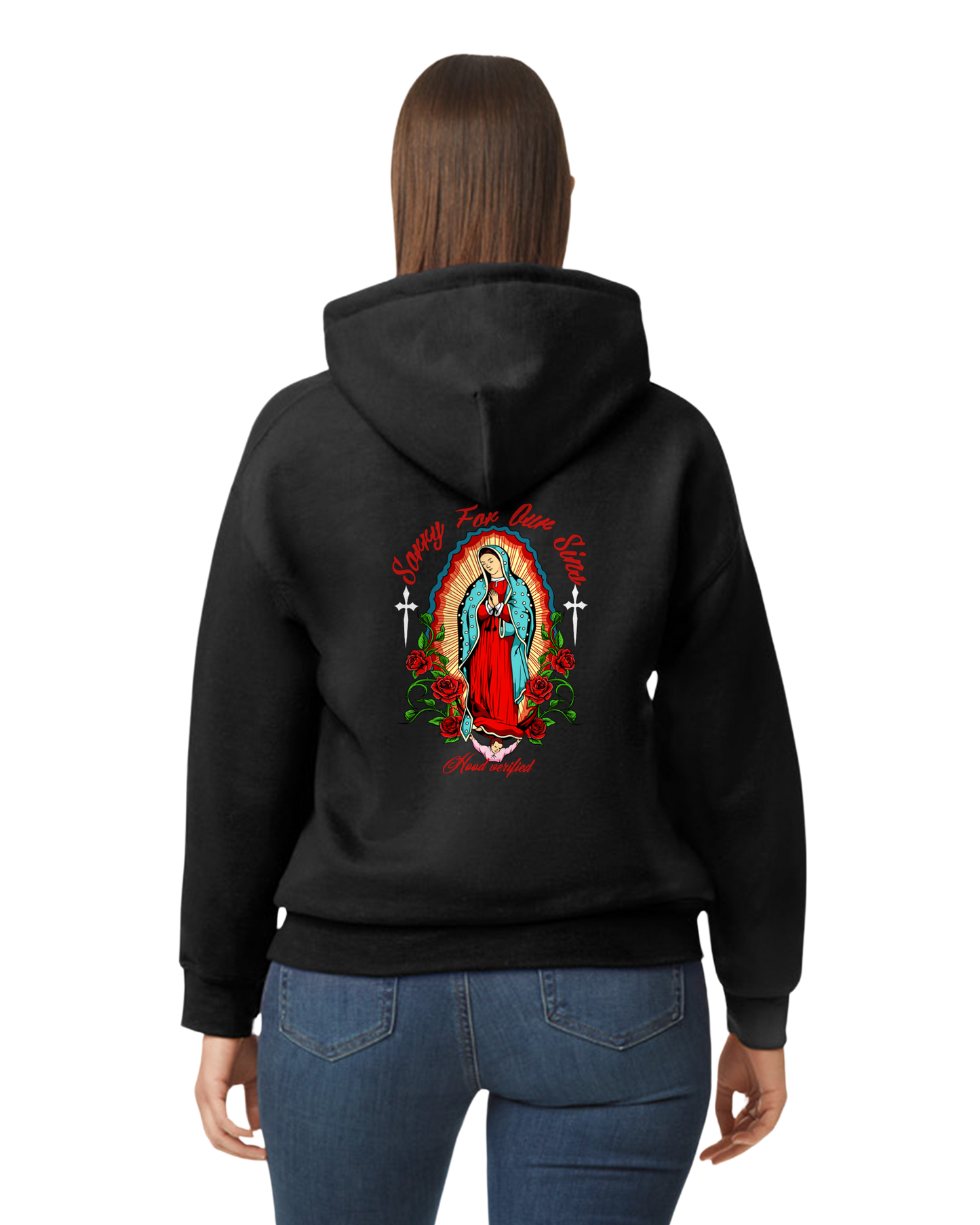 'Sorry for our sins" Virgin Mary black hoodie red font